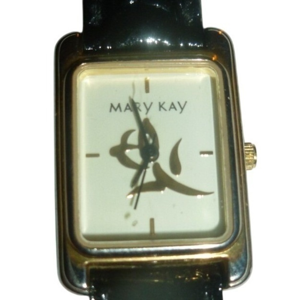 Mary Kay Women Gold Tone Rectangle Watch Black Faux Leather Band Japan Movt